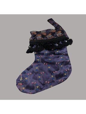 Victorian Purple Satin Christmas Stocking As Is Tassels Playing Card Moth Floral